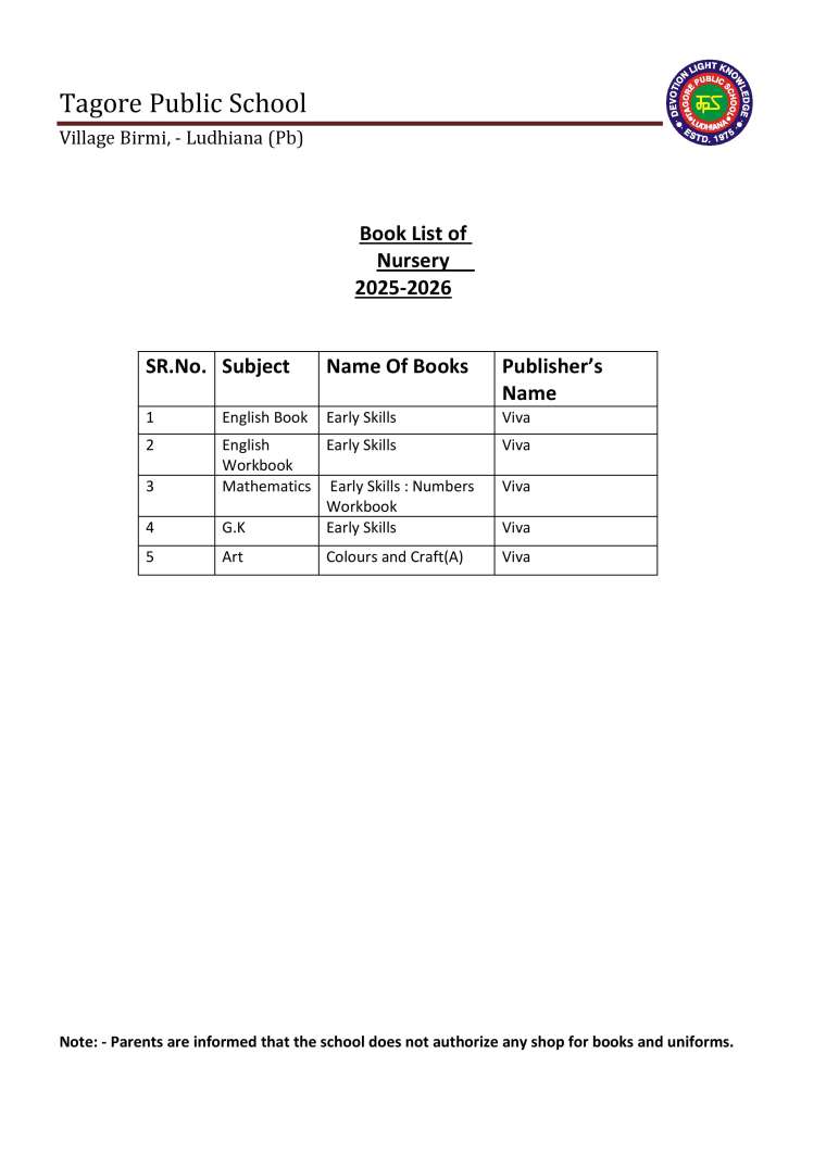 Book List of Nursery Class 2025-2026