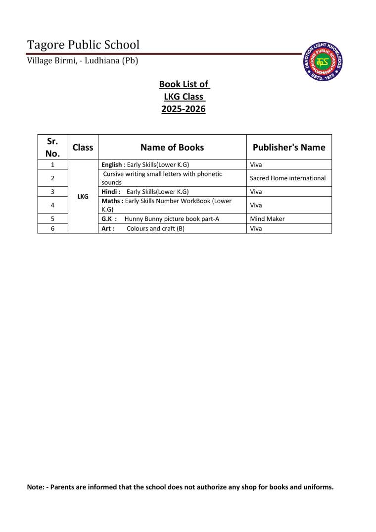 Book List of LKG Class 2025-2026