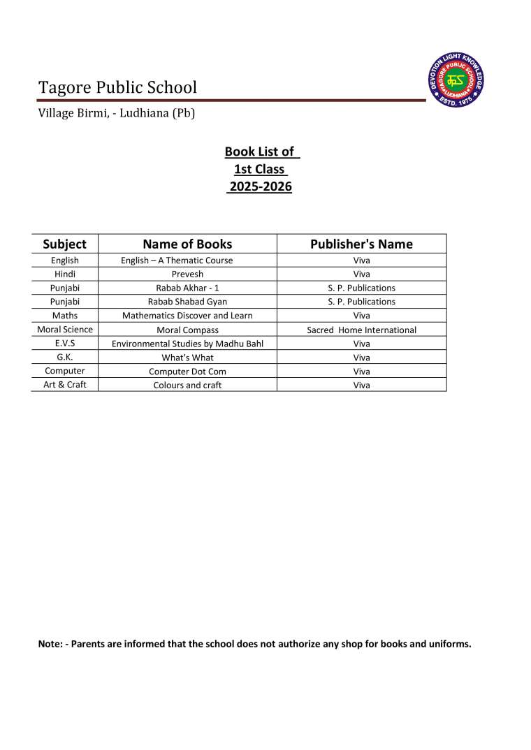 Book List of  1st Class  2025-2026