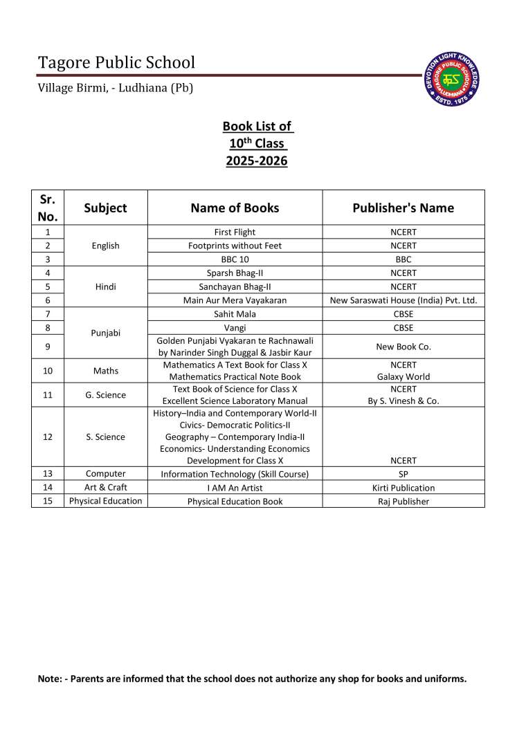 Book List of 10th  Class  2025-2026