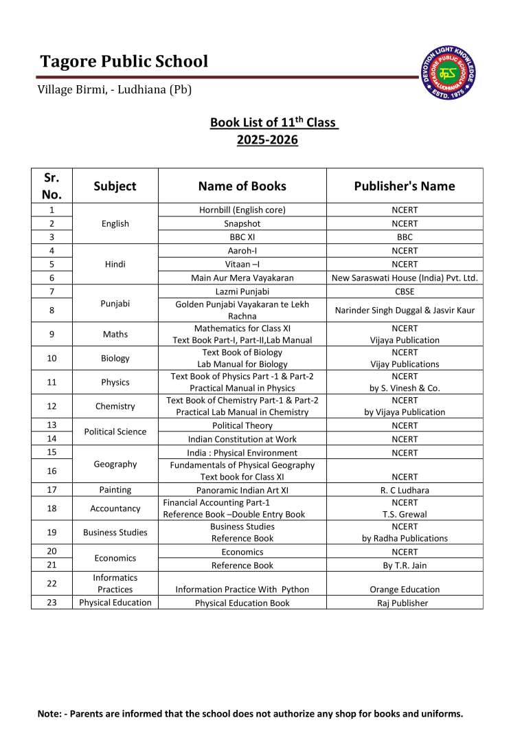 Book List of 11th  Class 2025-2026